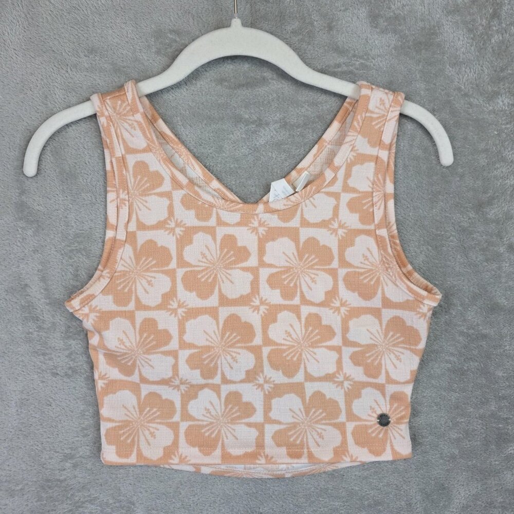 Roxy Tank Top Womens Small Orange Floral Cropped Stretch Hawaiian Tropical